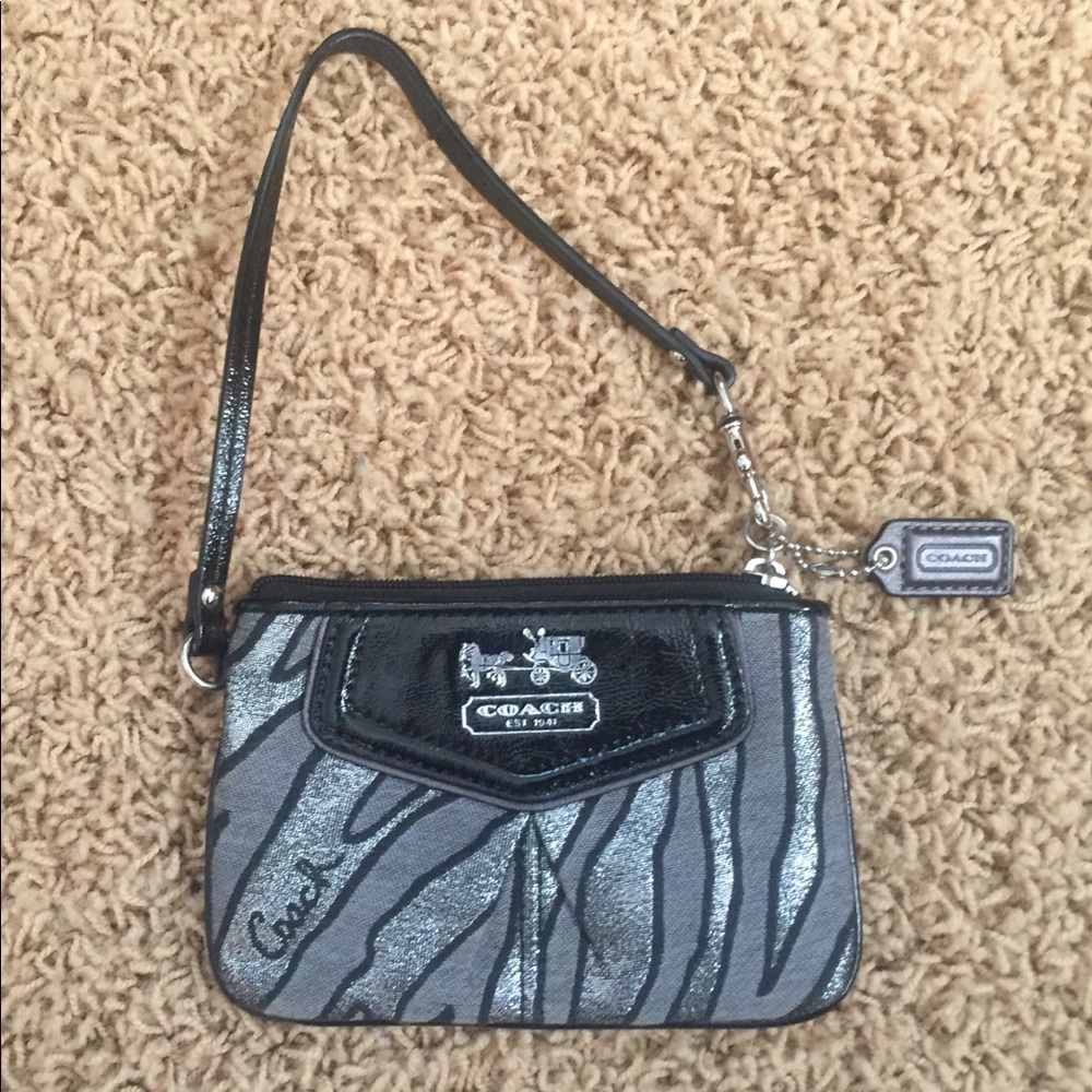 Authentic Coach black/silver zebra print wristlet